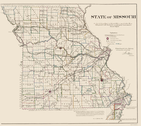 Historic State Map - Missouri - USGLO 1866 - 23 x 25.65 - Vintage Wall Art