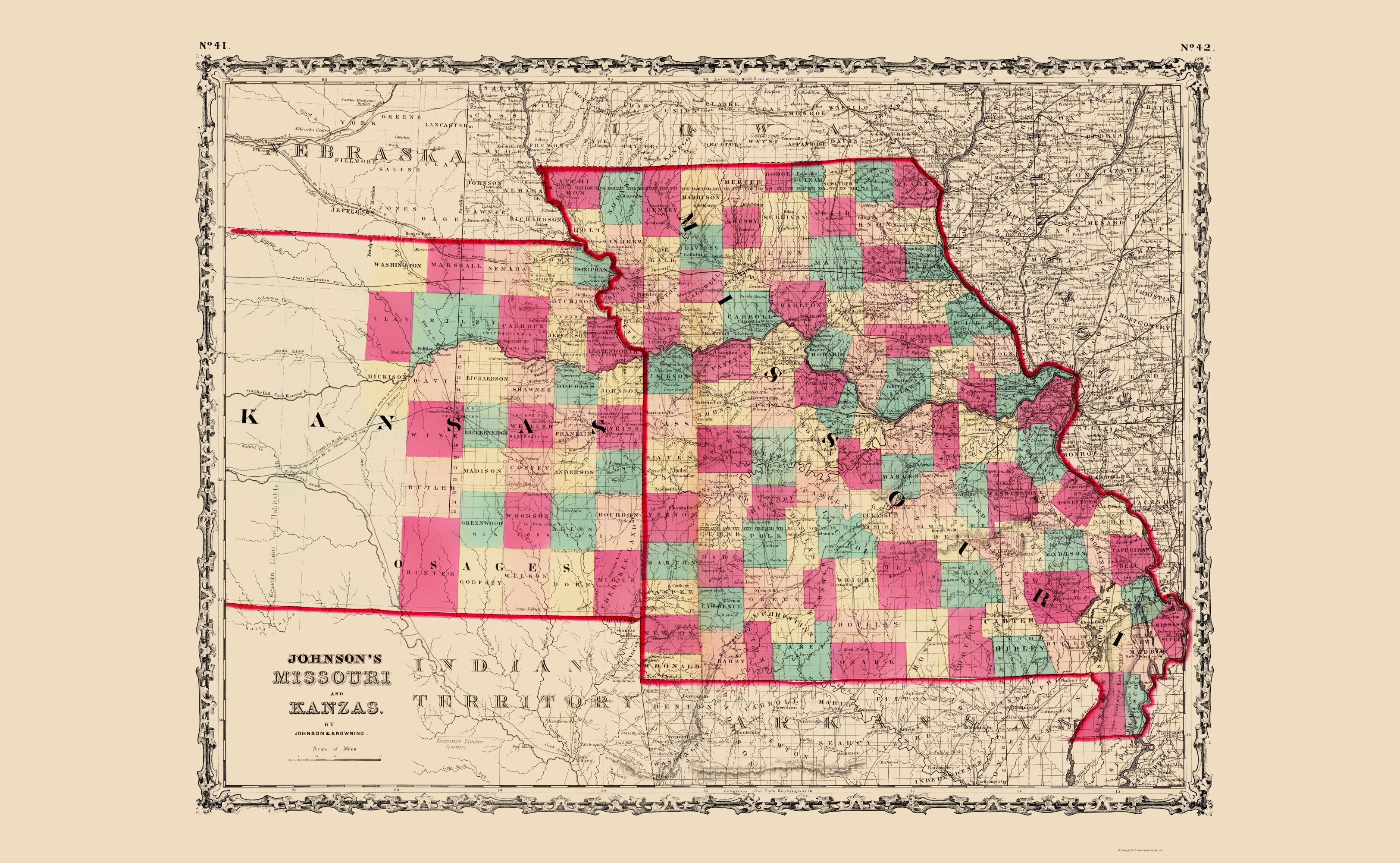 Antique Missouri Kansas Map ~Extremely Detailed ~1860s~ Civil 2024 War Era