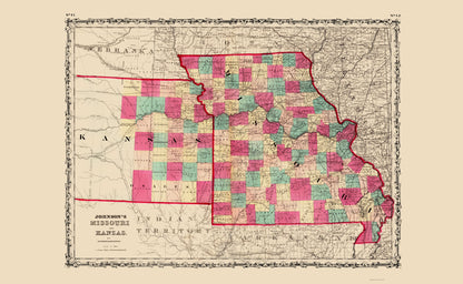 Historic State Map - Missouri Kansas - Johnson 1860 - 23 x 37.34 - Vintage Wall Art