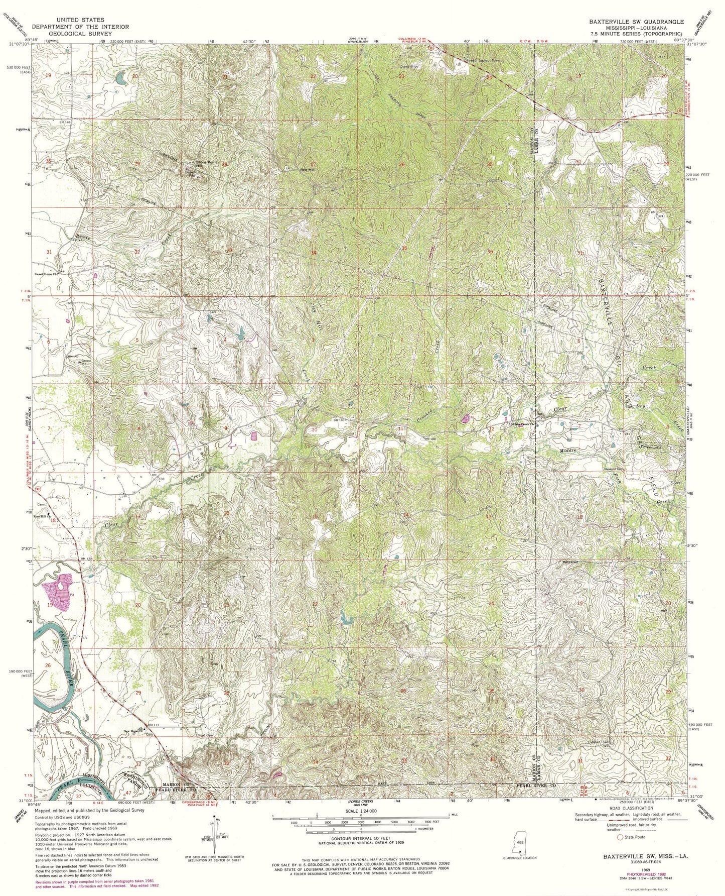 Topographical Map - South West Baxterville Mississippi Quad - USGS 1969 - 23 x 28.39 - Vintage Wall Art