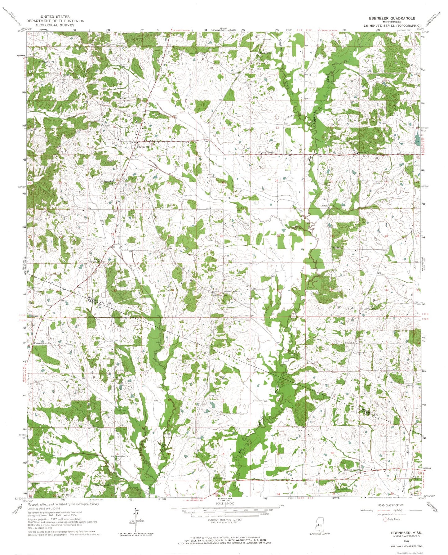 Topographical Map - Ebenezer Mississippi Quad - USGS 1964 - 23 x 28.48 - Vintage Wall Art