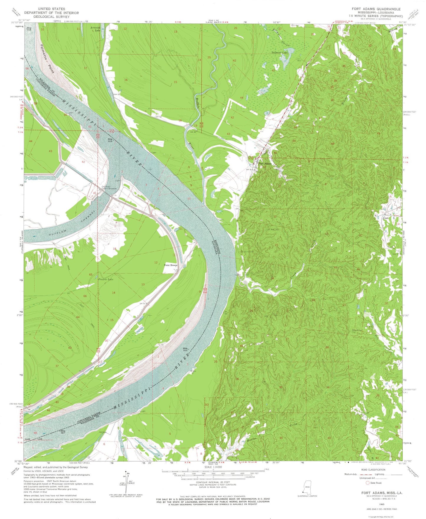 Topographical Map - Fort Adams Mississippi Quad - USGS 1965 - 23 x 28.03 - Vintage Wall Art