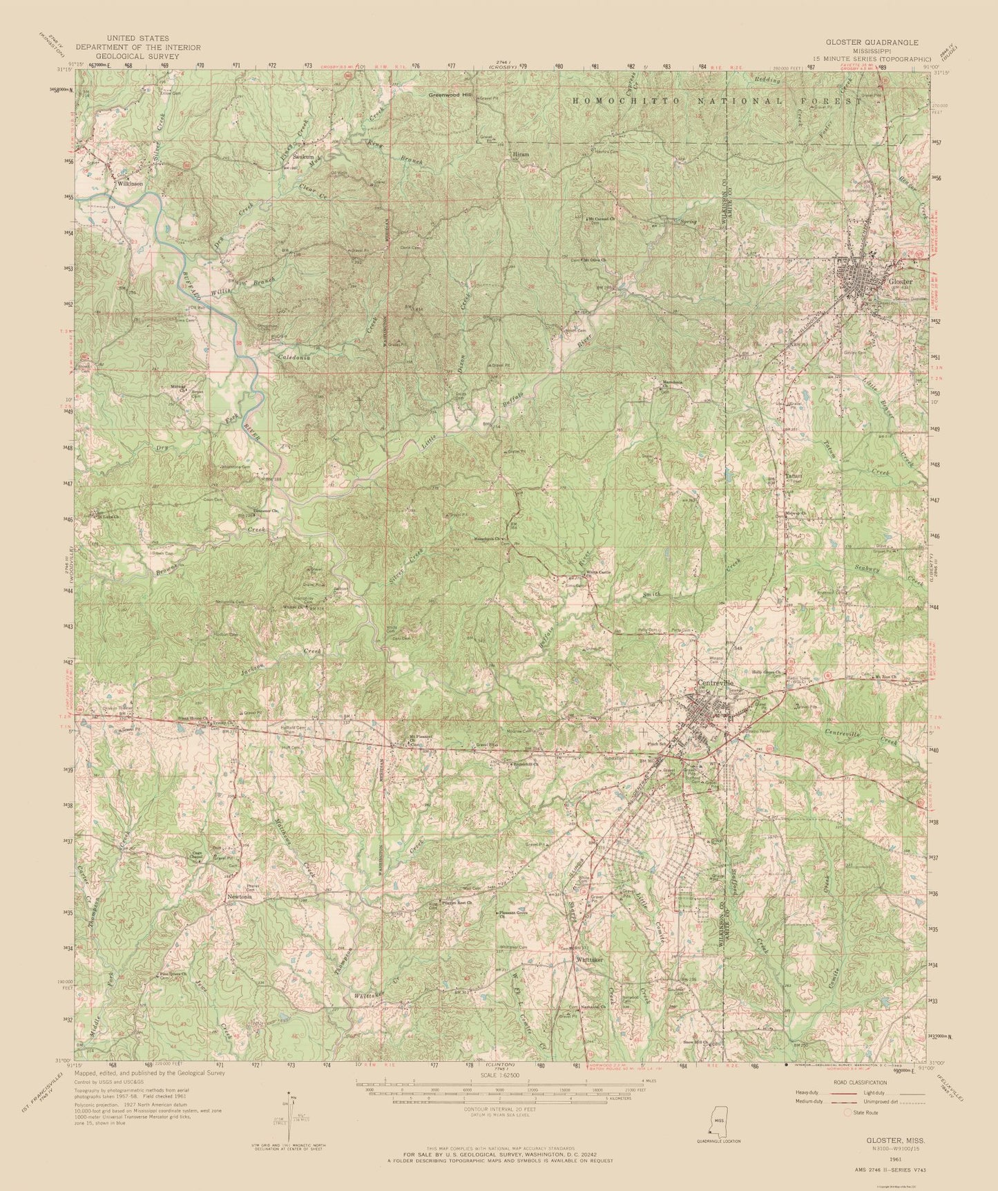 Topographical Map - Gloster Mississippi Quad - USGS 1961 - 23 x 27.45 - Vintage Wall Art