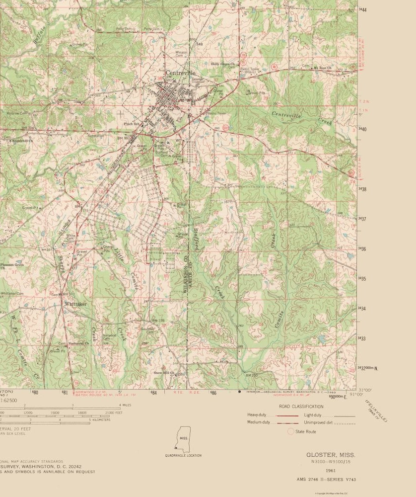 Topographical Map - Gloster Mississippi Quad - USGS 1961 - 23 x 27.45 - Vintage Wall Art