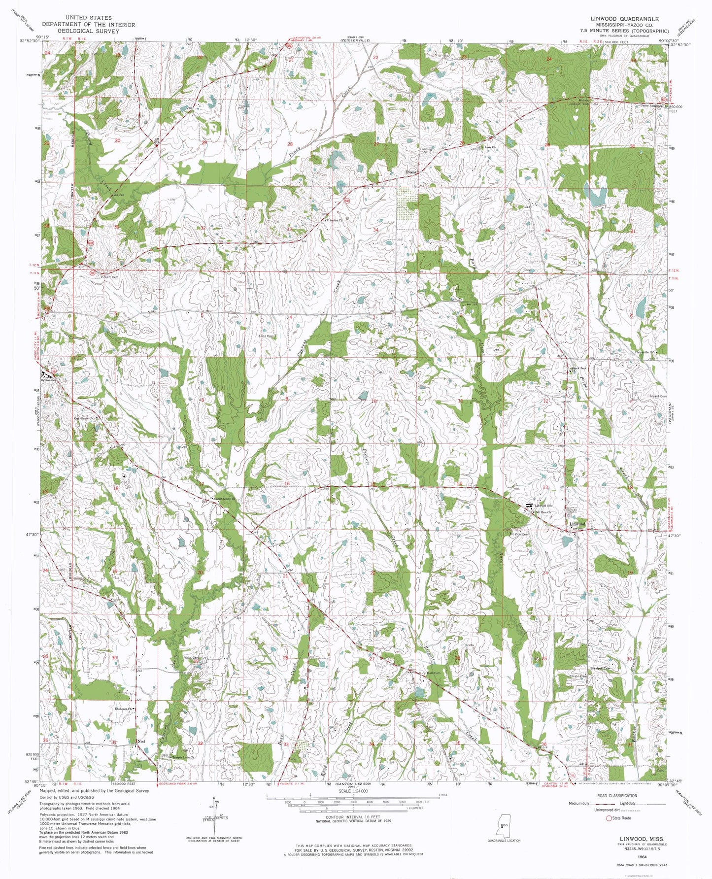 Topographical Map - Linwood Mississippi Quad - USGS 1964 - 23 x 28.39 - Vintage Wall Art