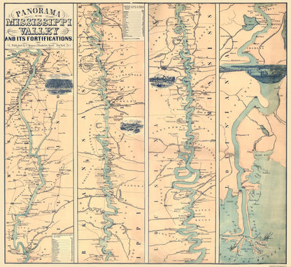 Historic War Map - Mississippi Valley Fortifications - Magnus 1863 - 25.06 x 23 - Vintage Wall Art