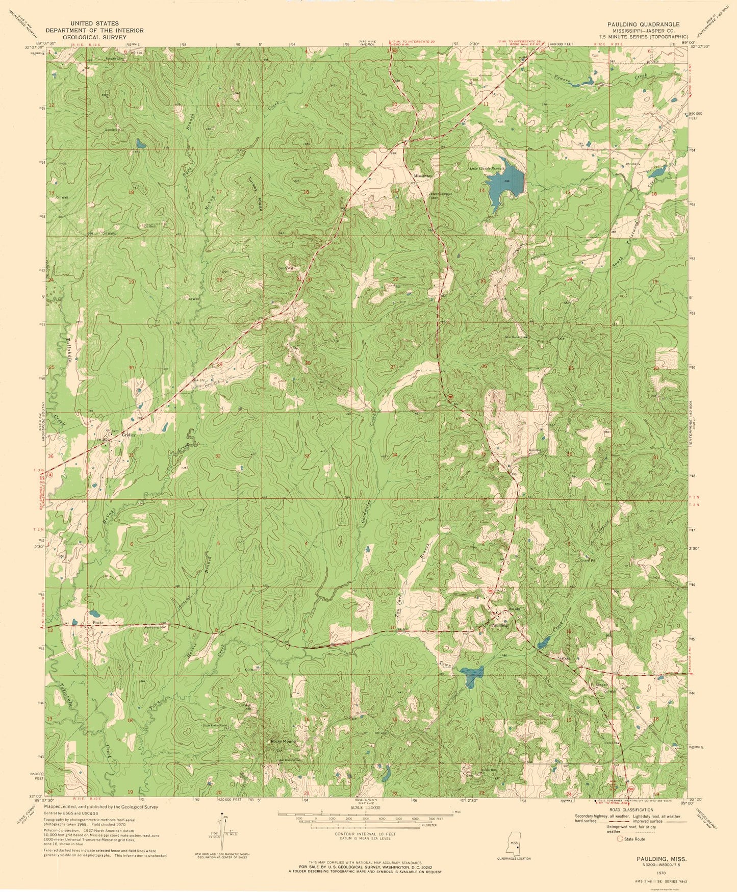 Topographical Map - Paulding Mississippi Quad - USGS 1970 - 23 x 27.85 - Vintage Wall Art