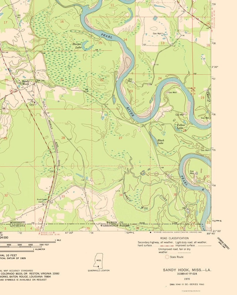 Topographical Map - Sandy Hook Mississippi Quad - USGS 1970 - 23 x 28.61 - Vintage Wall Art