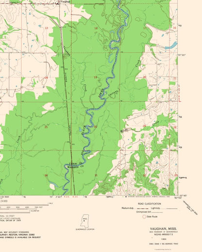 Topographical Map - Vaughan Mississippi Quad - USGS 1964 - 23 x 28.65 - Vintage Wall Art