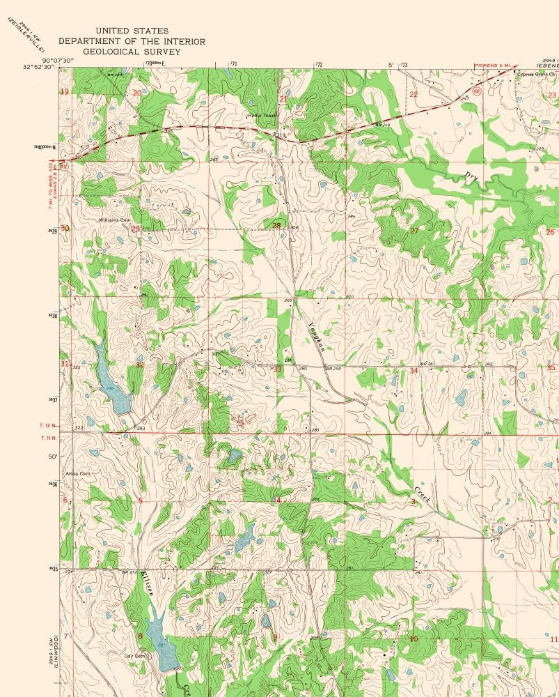 Topographical Map - Vaughan Mississippi Quad - USGS 1964 - 23 x 28.65 - Vintage Wall Art