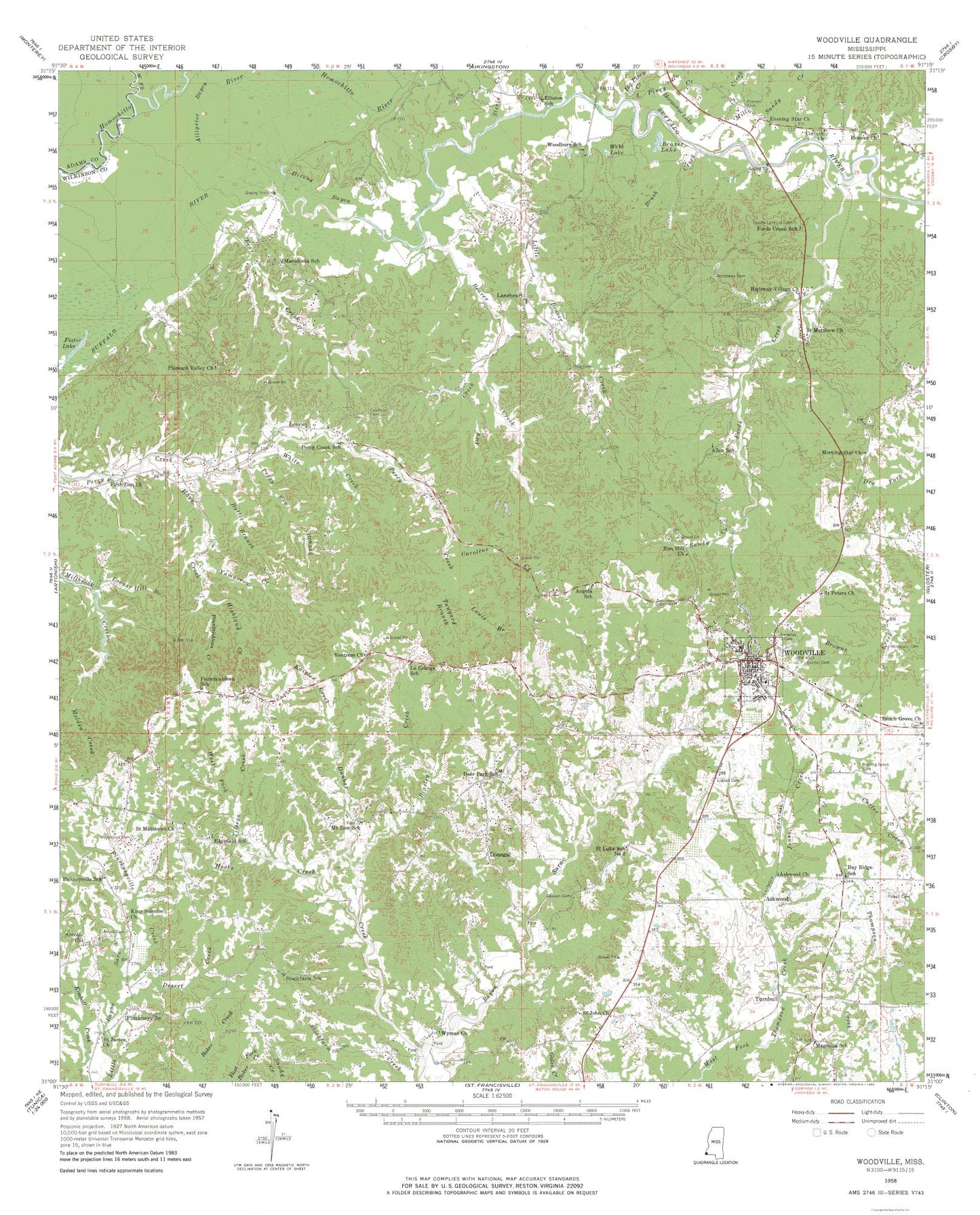 Topographical Map - Woodville Mississippi Quad - USGS 1958 - 23 x 28.52 - Vintage Wall Art