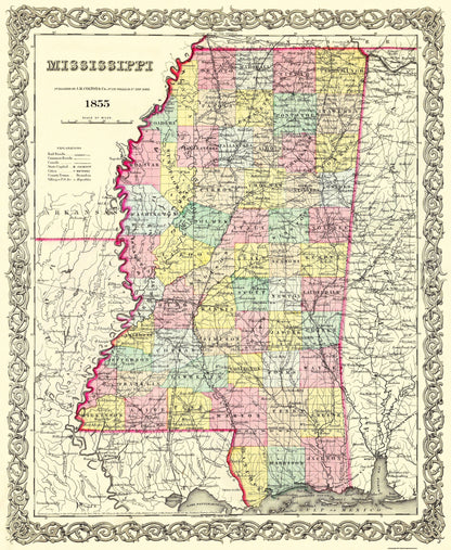 Historic State Map - Mississippi - Colton 1855 - 23 x 28.06 - Vintage Wall Art