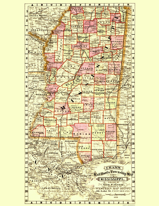 Railroad Map - Mississippi Railroad - Cram 1878 - 23 x 29.86 - Vintage Wall Art