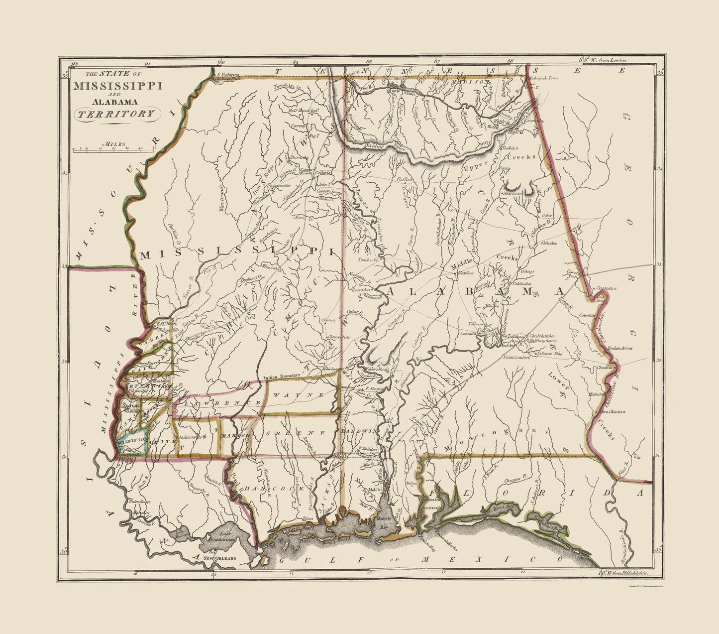 Historic State Map - Mississippi Alabama Territory - Carey 1818 - 23 x 26.11 - Vintage Wall Art