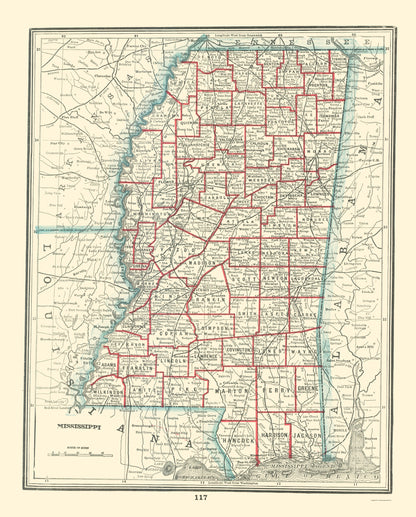 Historic State Map - Mississippi - Rathbun 1893 - 23 x 28.59 - Vintage Wall Art