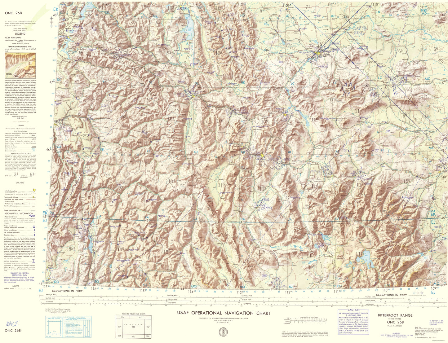 Topographical Map - Bitterroot Range Montana Idaho Wyoming Sheet - USAF 1962 - 23 x 30.03 - Vintage Wall Art