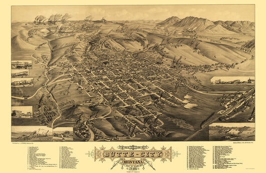 Historic Panoramic View - Butte Montana - Stoner 1884 - 23 x 35.34 - Vintage Wall Art