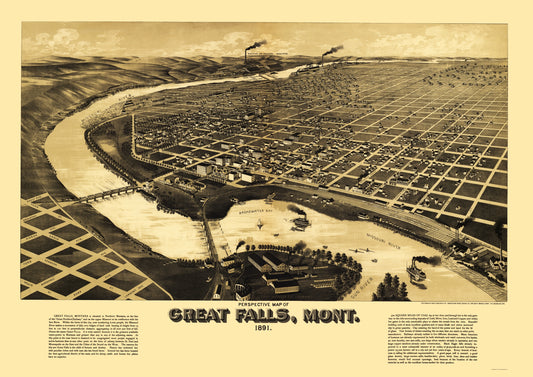 Historic Panoramic View - Great Falls Montana - American Pub Co 1884 - 23 x 32.55 - Vintage Wall Art
