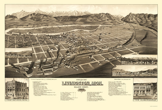 Historic Panoramic View - Livingston Montana - Stoner 1884 - 23 x 33.92 - Vintage Wall Art