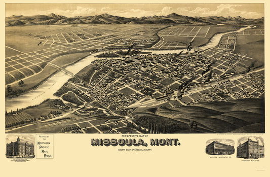 Historic Panoramic View - Missoula Montana - American Pub Co 1891 - 23 x 35.15 - Vintage Wall Art