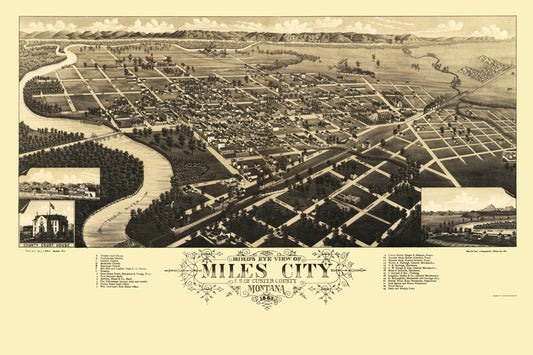 Historic Panoramic View - Miles City Montana - Stoner 1883 - 23 x 34.58 - Vintage Wall Art