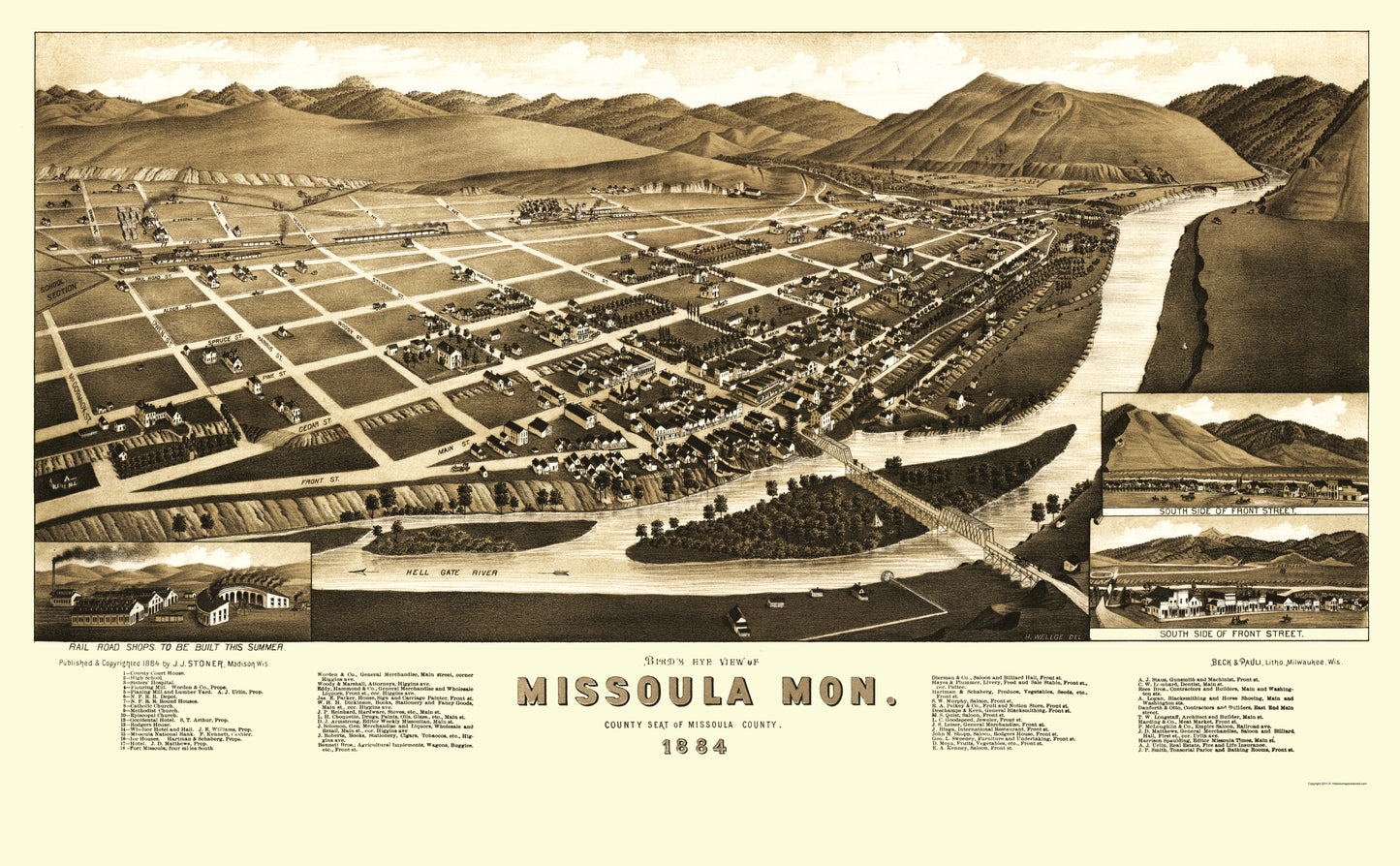 Historic Panoramic View - Missoula Montana - Stoner 1884 - 23 x 37.16 - Vintage Wall Art