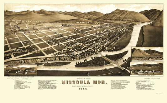 Historic Panoramic View - Missoula Montana - Stoner 1884 - 23 x 37.16 - Vintage Wall Art
