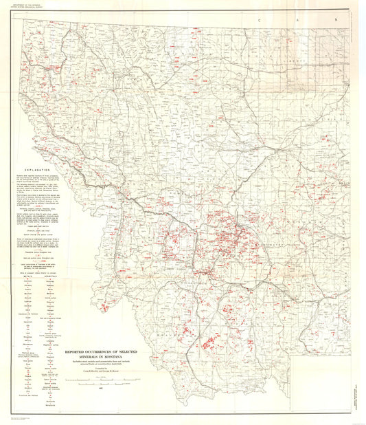 Historic Mine Map - Montana Selected Minerals - Bentley 1967 - 23 x 26.68 - Vintage Wall Art