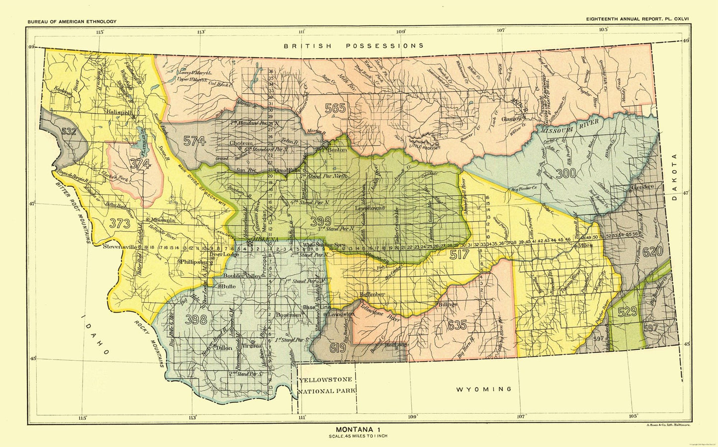 Historic State Map - Montana - Hoen 1896 - 36.96 x 23 - Vintage Wall Art