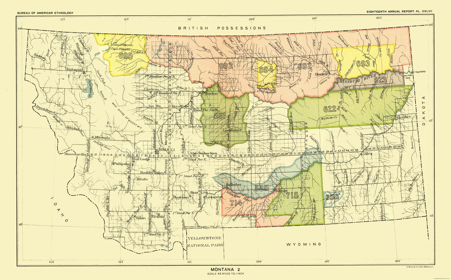 Historic State Map - Montana Yellowstone National Park - Hoen 1896 - 37.08 x 23 - Vintage Wall Art