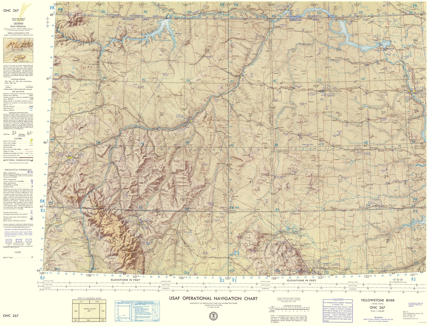 Topographical Map - Yellowstone River Montana Aeronautical Sheet - USAF 1961 - 23 x 30.17 - Vintage Wall Art