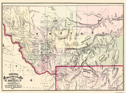 Historic State Map - Montana Territory - Cram 1875 - 31 x 23 - Vintage Wall Art