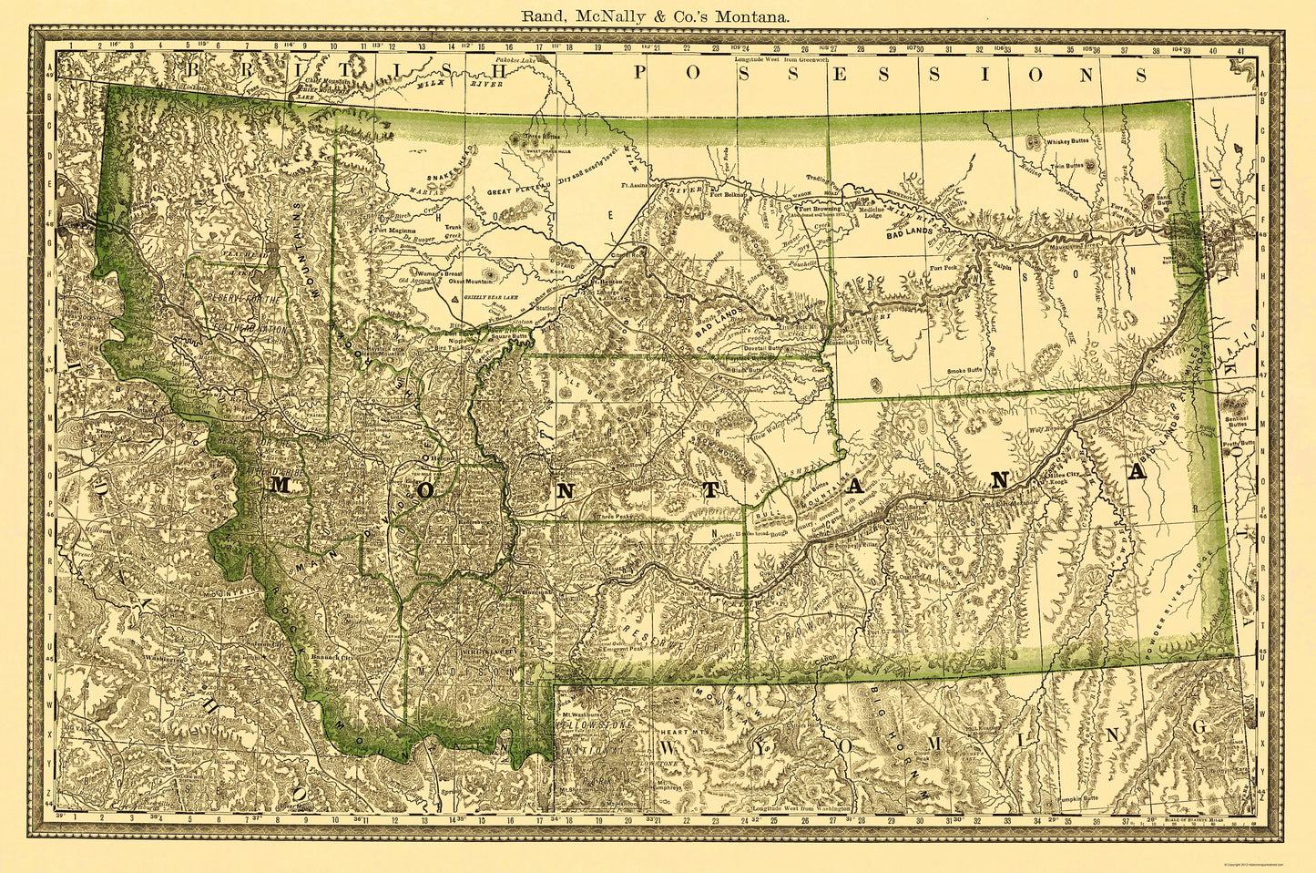 Historic State Map - Montana - Rand McNally 1881 - 23 x 34.68 - Vintage Wall Art