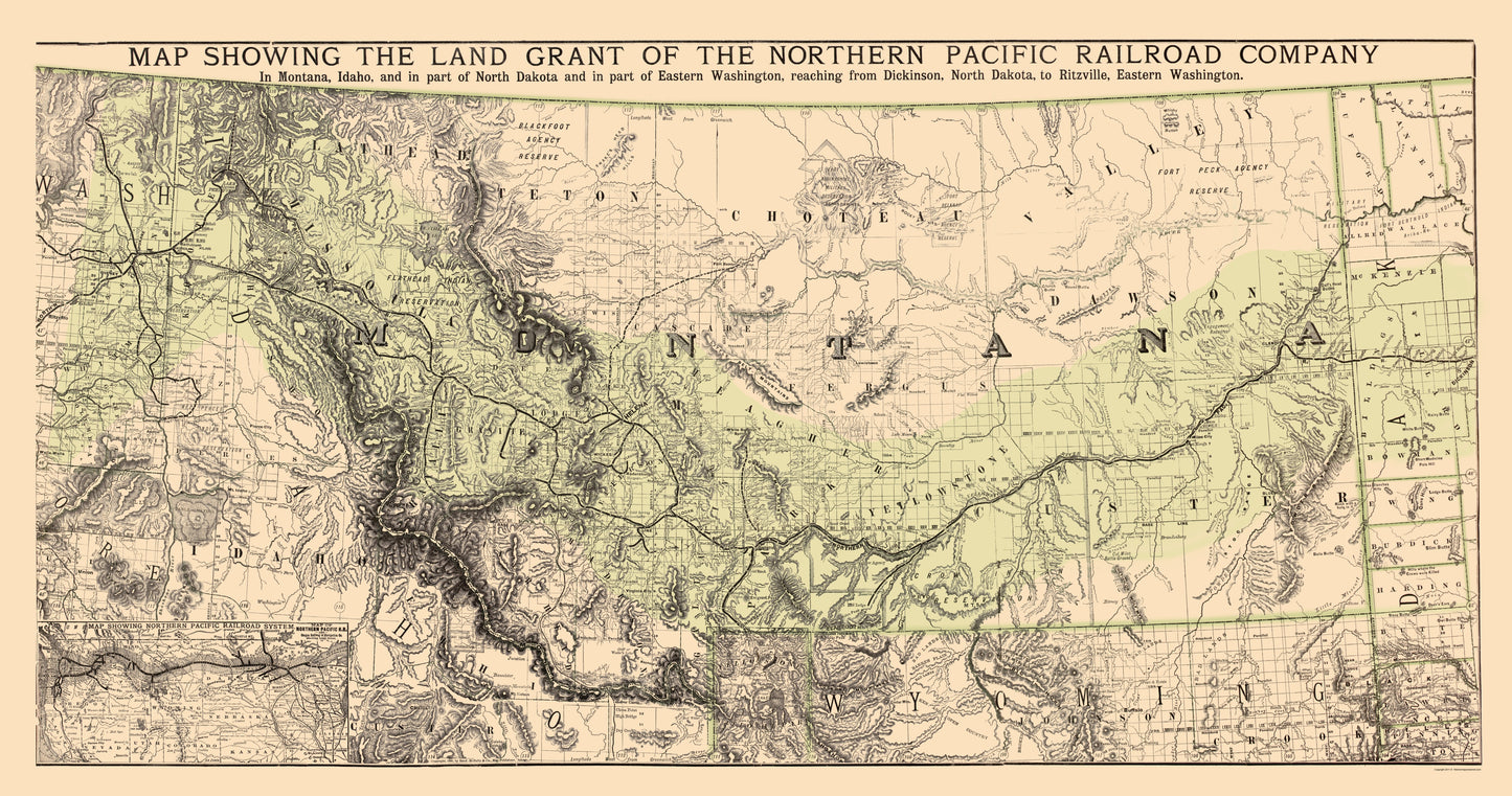 Railroad Map - Montana Northern Pacific Railroad - Rand McNally 1890 - 23 x 44 - Vintage Wall Art