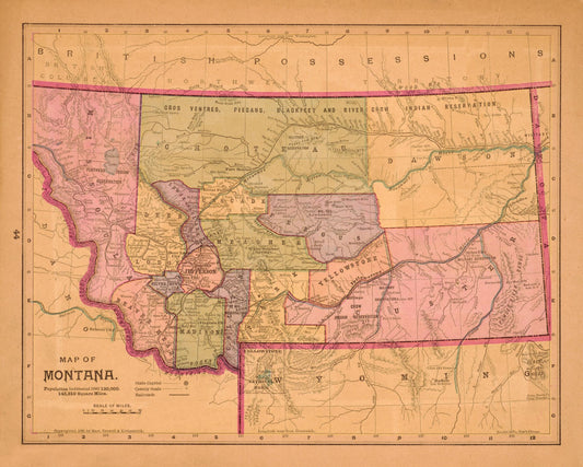 Historic State Map - Montana - Crowell 1890 - 28.70 x 23 - Vintage Wall Art