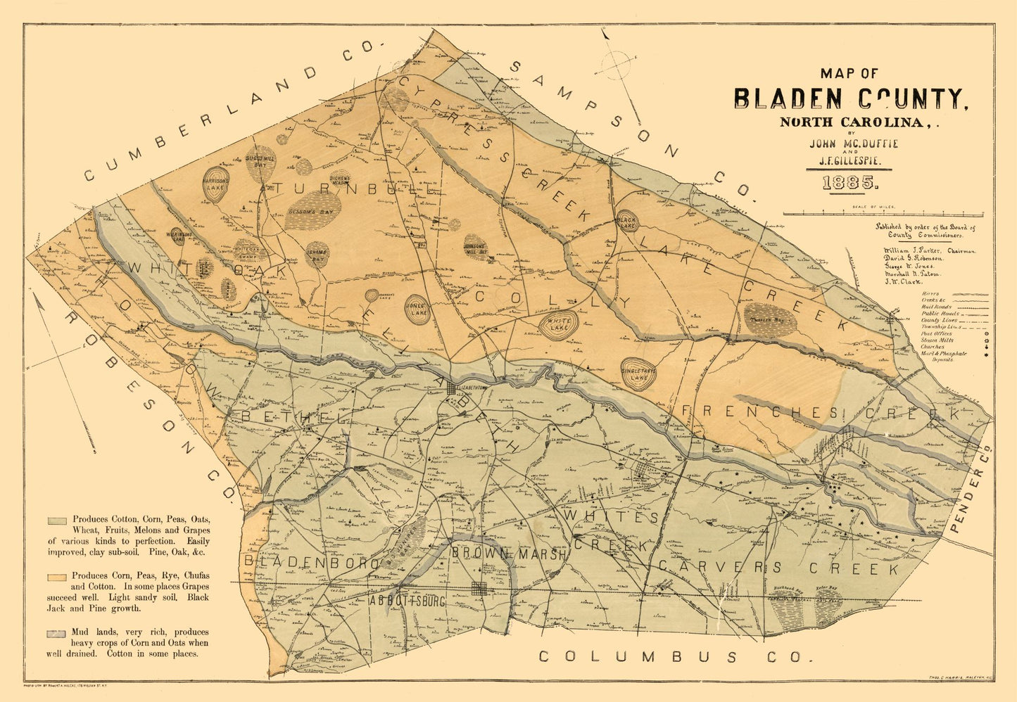 Historic County Map - Bladen County North Carolina - Mc Duffie 1885 - 33.29 x 23 - Vintage Wall Art