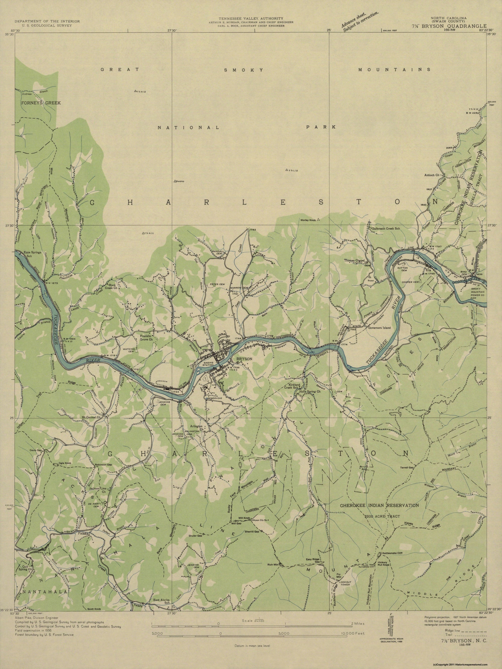 Topographical Map - Bryson North Carolina Quad - USGS 1936 - 23 x 30.6 ...