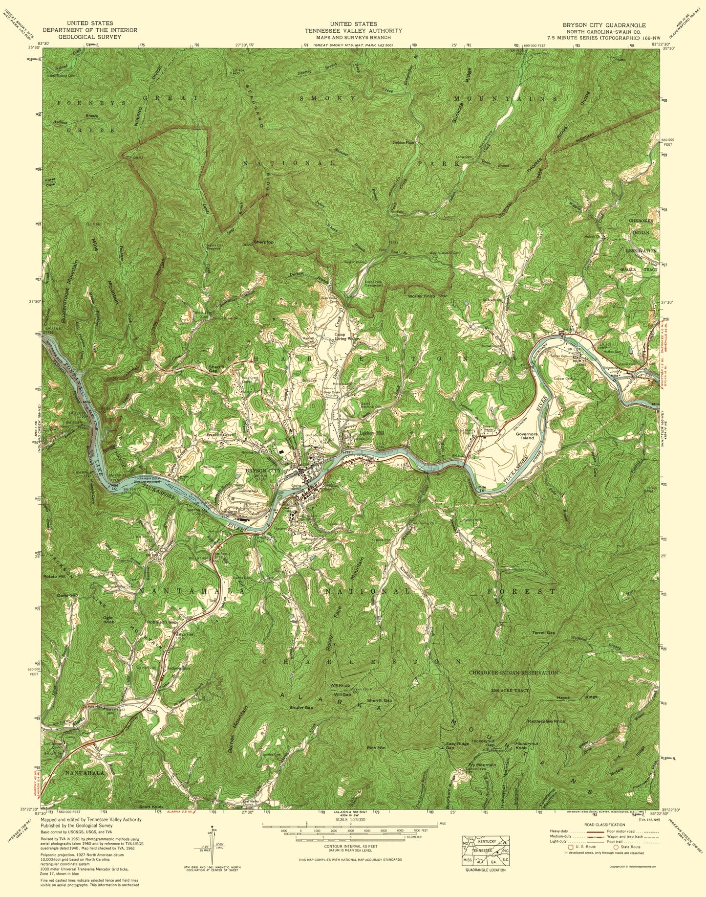 Topographical Map - Bryson City North Carolina Quad - USGS 1935 - 23 x 29.19 - Vintage Wall Art