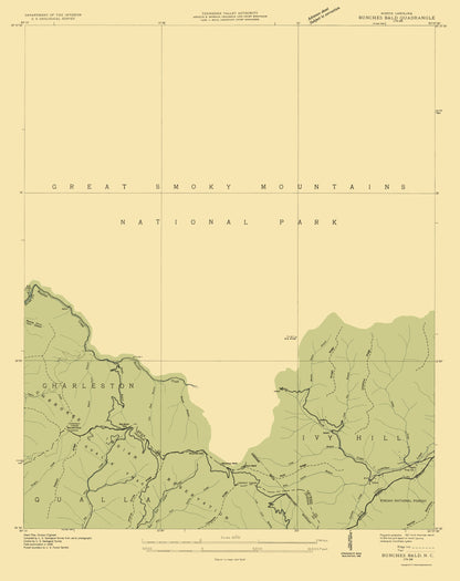 Topographical Map - Bunches Bald North Carolina Quad - USGS 1935 - 23 x 29.03 - Vintage Wall Art