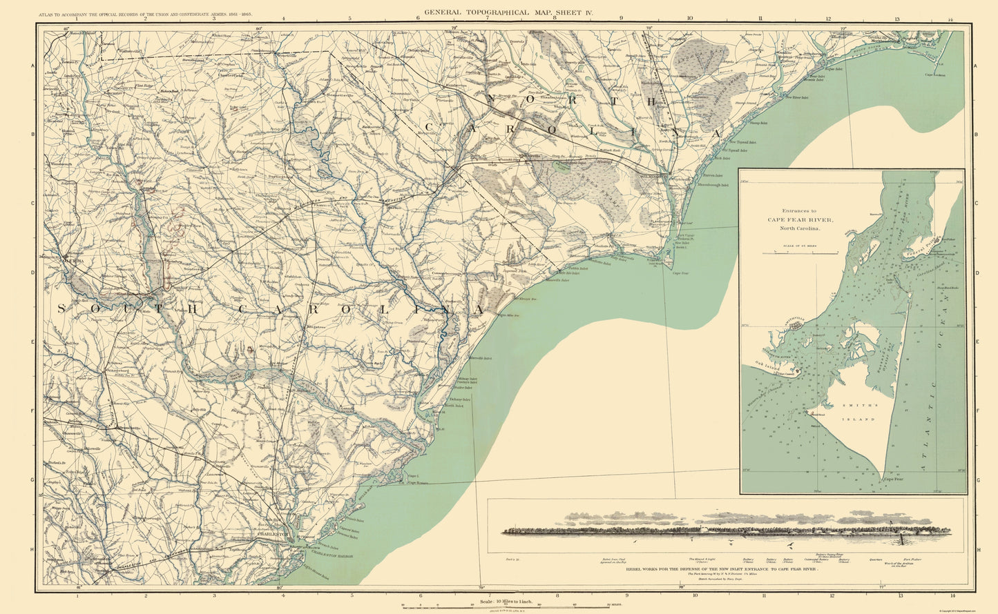 Historical Civil War Map - Cape Fear River Entrance - Bien 1895 - 23 x 37.33 - Vintage Wall Art