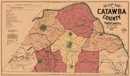 Historic County Map - Catawba County North Carolina - Yoder 1886 - 23 x 39.03 - Vintage Wall Art