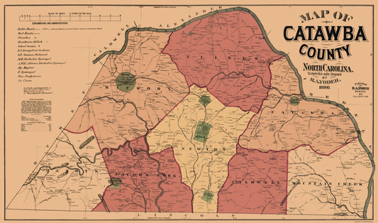 Historic County Map - Catawba County North Carolina - Yoder 1886 - 23 x 39.03 - Vintage Wall Art