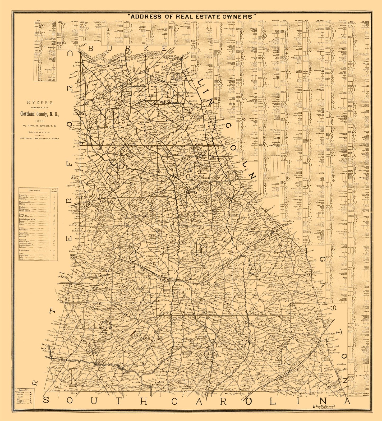 Historic County Map - Cleveland County North Carolina - Kyzer 1886 - 23 x 25.36 - Vintage Wall Art