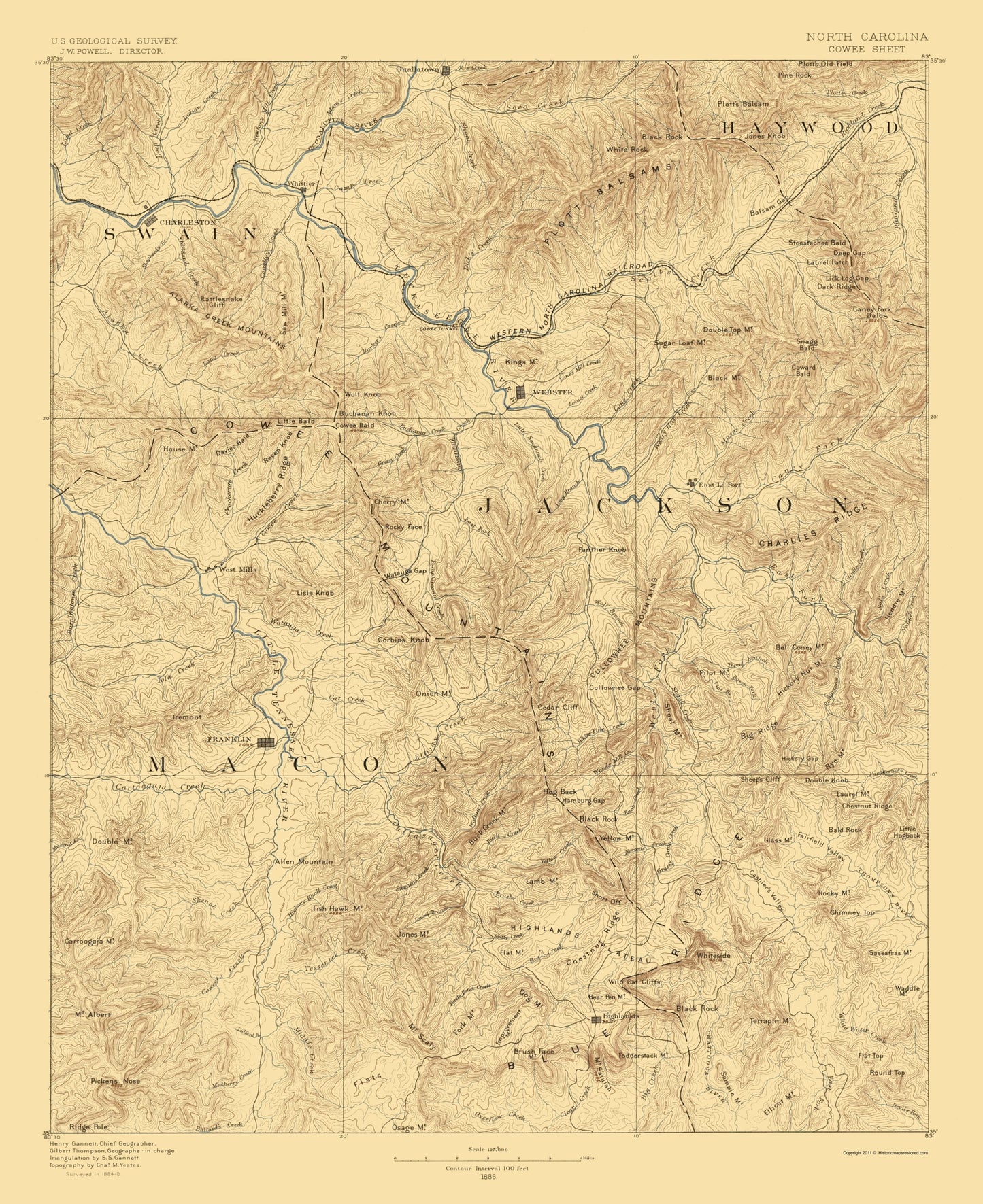 Topographical Map - Cowee North Carolina Sheet - USGS 1886 - 23 x 28.18 - Vintage Wall Art