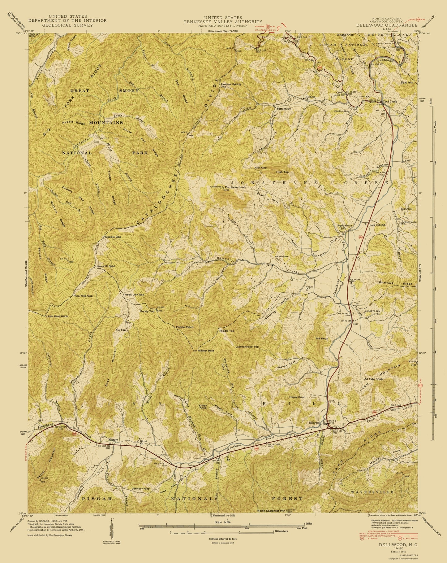 Topographical Map - Dellwood North Carolina Quad - USGS 1935 - 23 x 28.93 - Vintage Wall Art