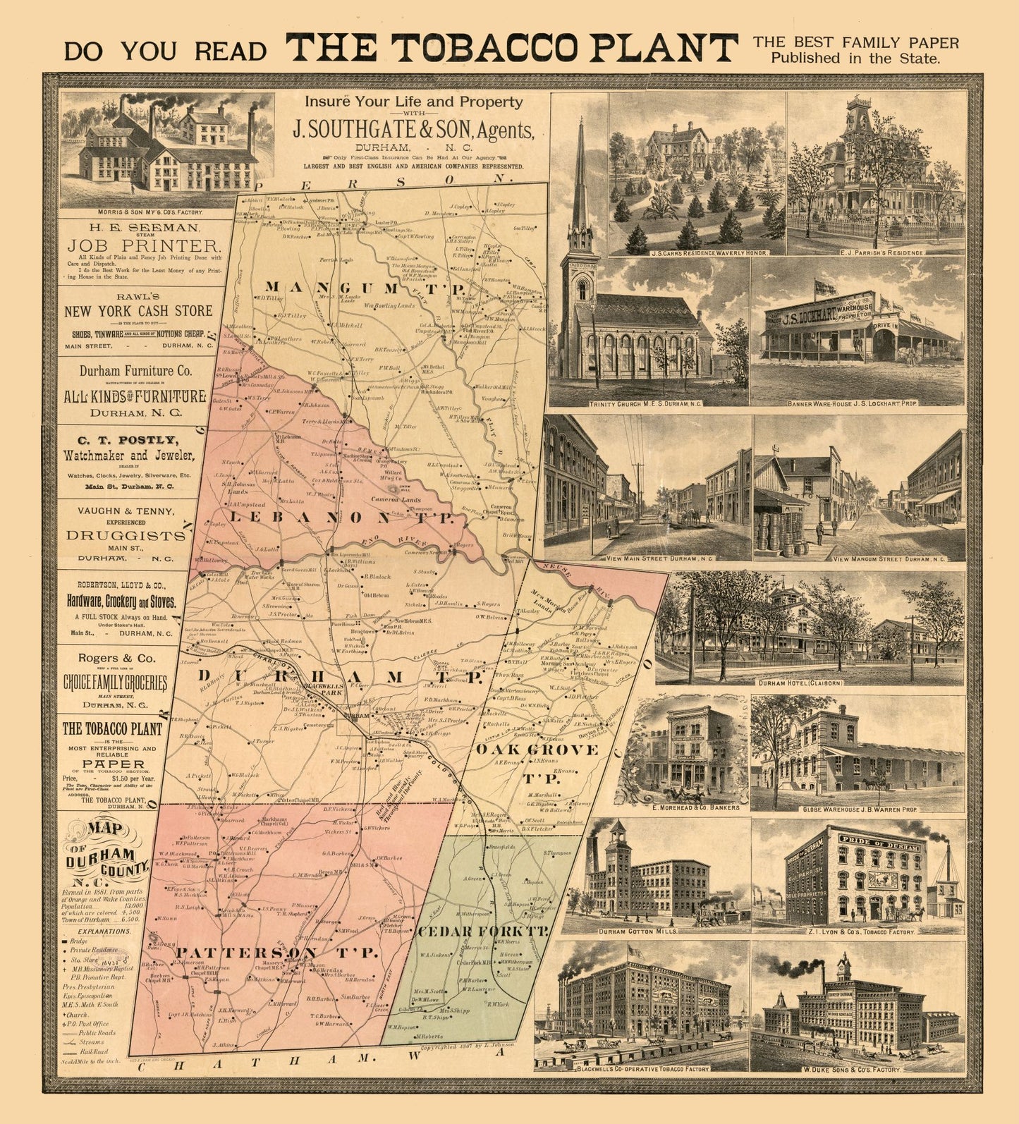 Historic County Map - Durham County County North Carolina - Johnson 1887 - 23 x 25.37 - Vintage Wall Art