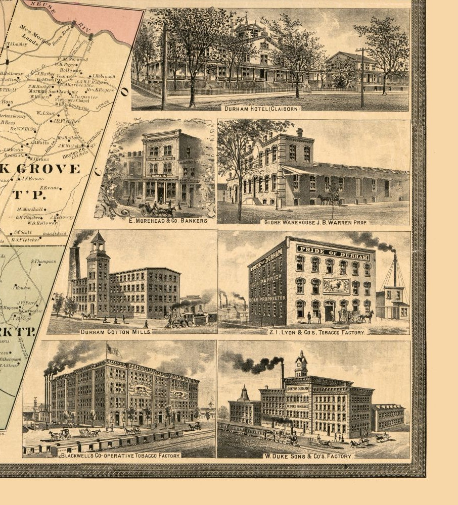 Historic County Map - Durham County County North Carolina - Johnson 1887 - 23 x 25.37 - Vintage Wall Art