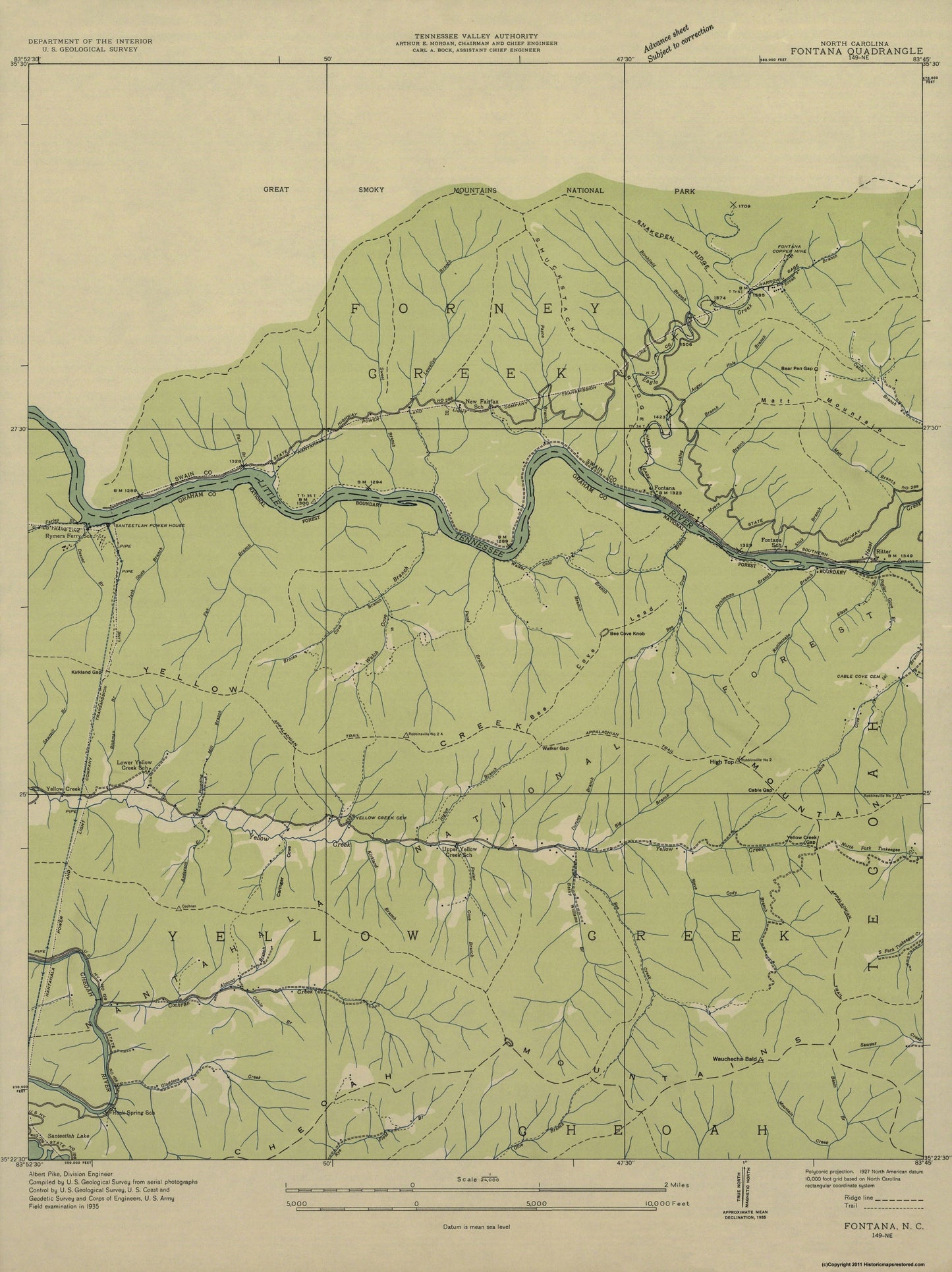 Topographical Map - Fontana North Carolina Quad - USGS 1935 - 23 x 30.73 - Vintage Wall Art