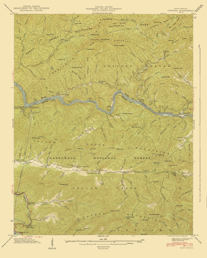 Topographical Map - Fontana North Carolina Quad - USGS 1940 - 23 x 28.56 - Vintage Wall Art