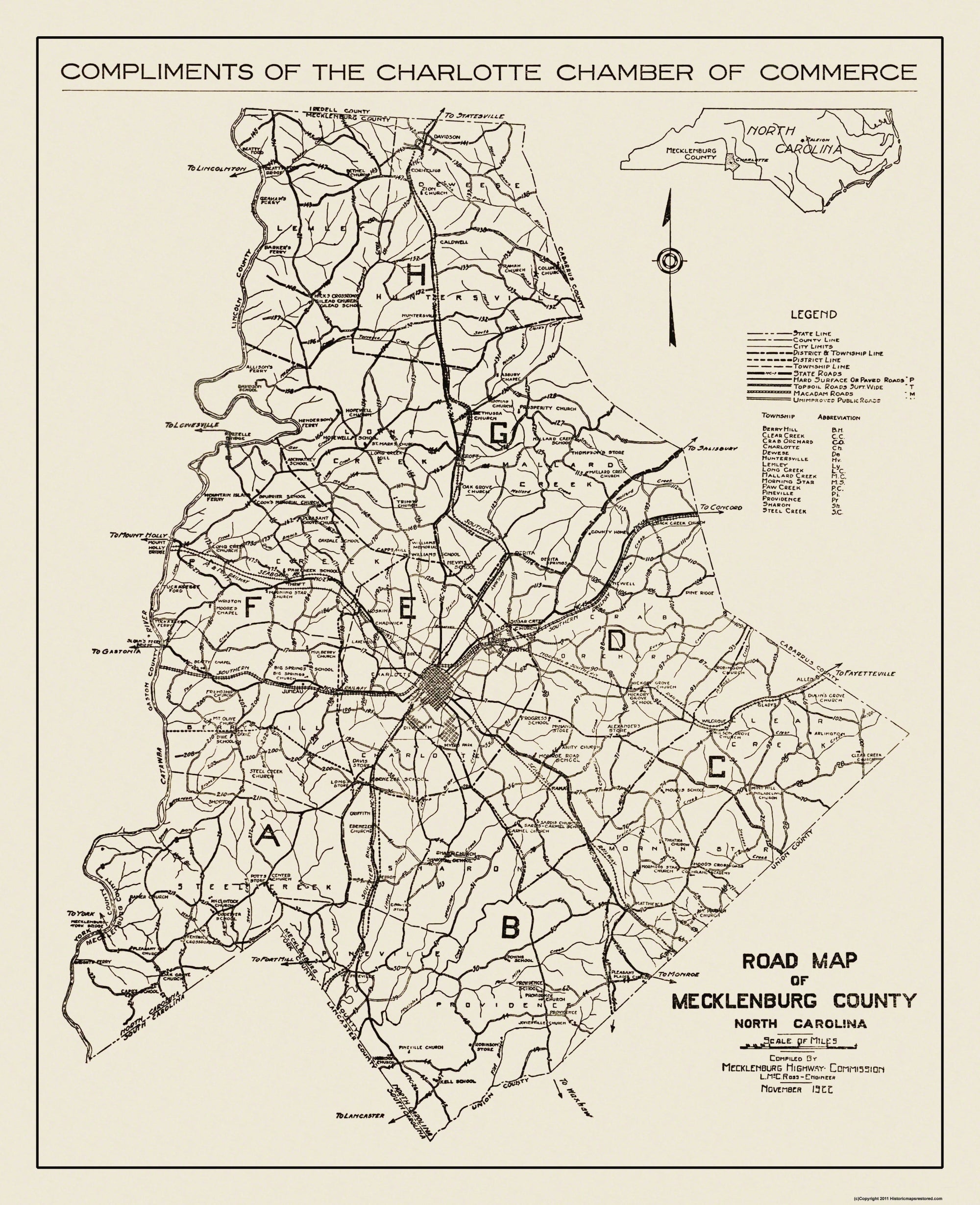 Historic County Map - Mecklenburg County North Carolina - Ross 1922 ...